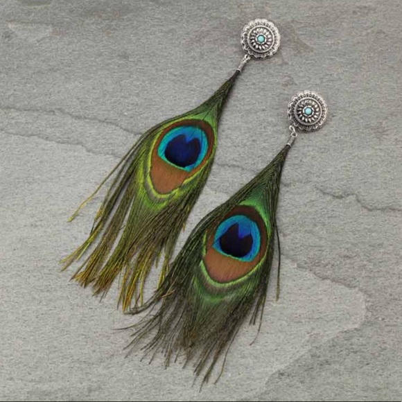 Jewelry - Western Long Peacock Feather Post Earrings